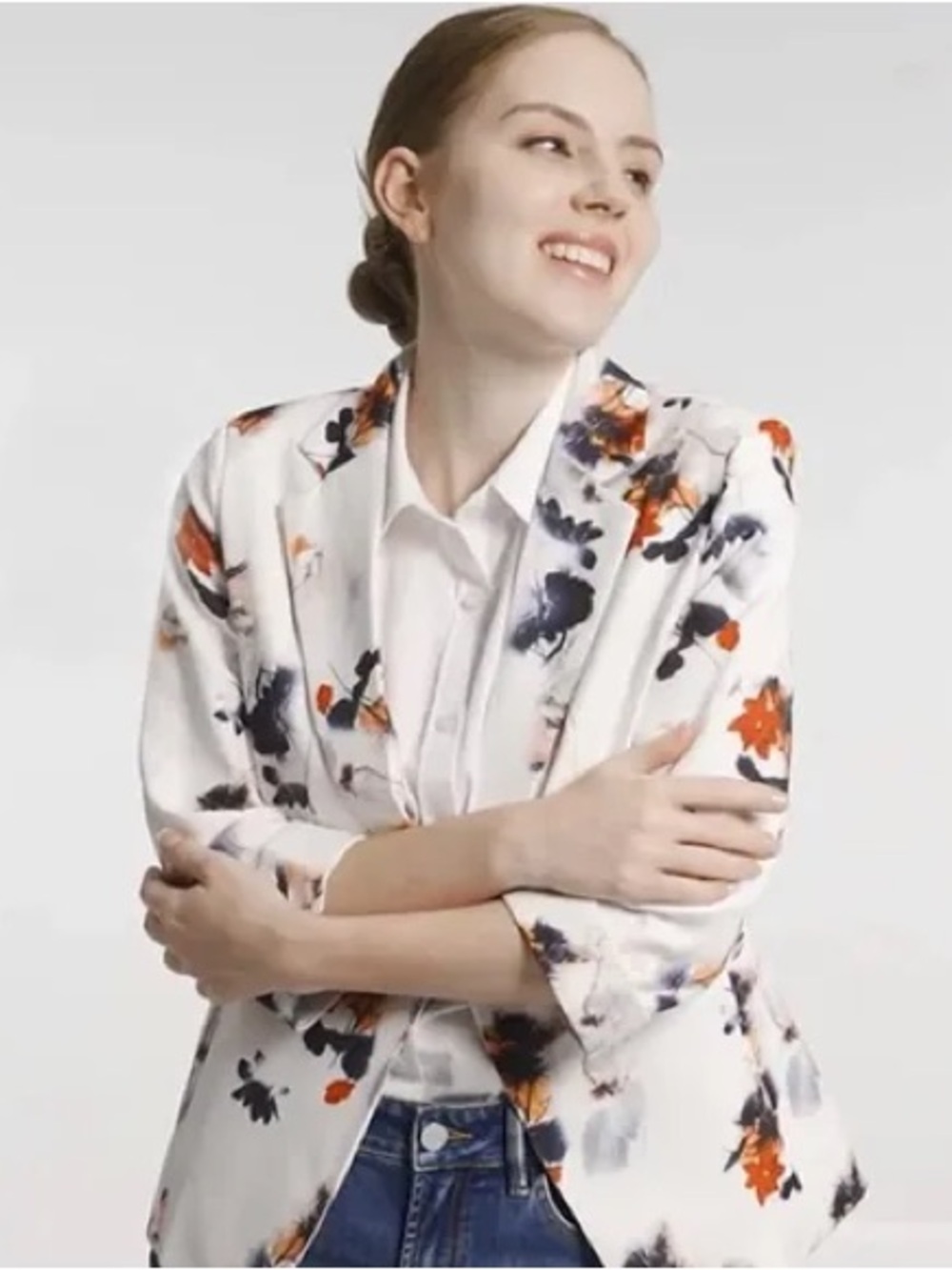White Floral Blazer with Orange & Navy Accents